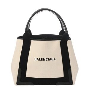 BALENCIAGA Cabas White Black Canvas Leather Handbag